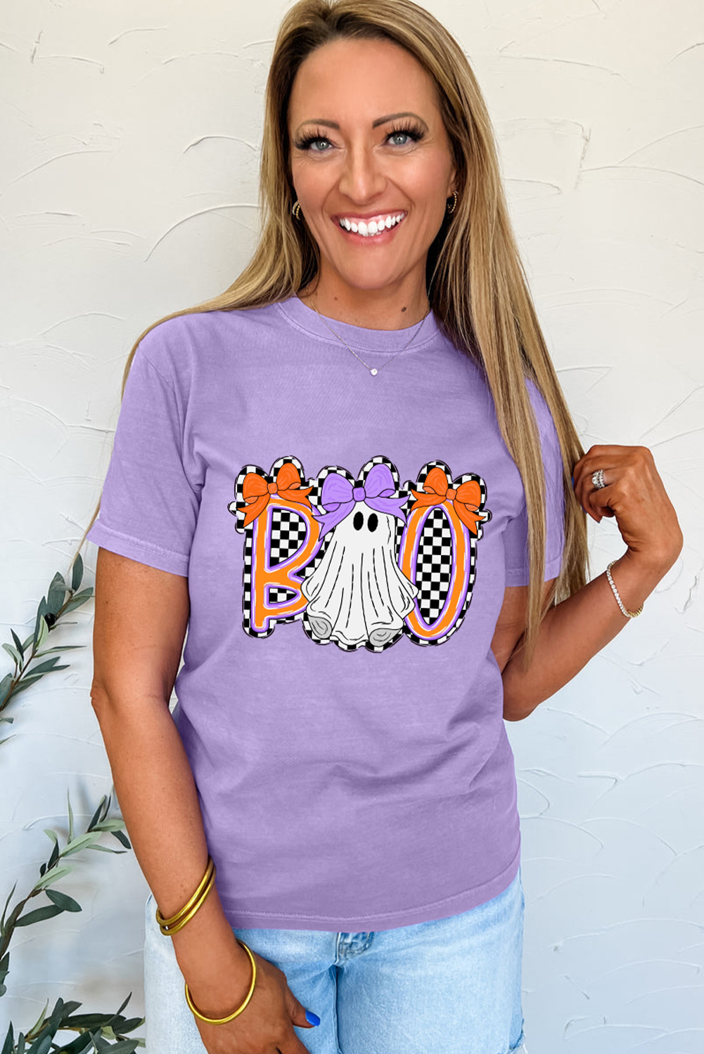 Fun and Trendy Women's Halloween Graphic Tee - Wisteria Color & Round Neck - Detail View 3