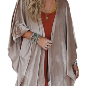 Women's Smoke Gray Velvet Kimono - Stylish 3/4 Sleeve Open Front Layer for Daily Wear - Main View