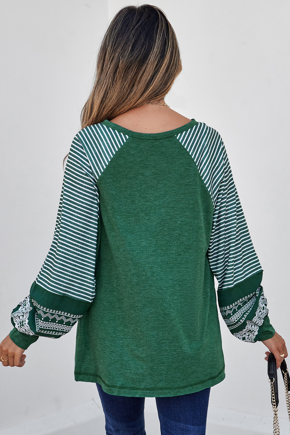 Stylish Long Sleeve Raglan Top in Blackish Green with Contrast Stripes - Detail View 2