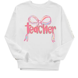 Women's White Teacher Bow Graphic Pullover Sweatshirt for Casual Fall Style - Main View