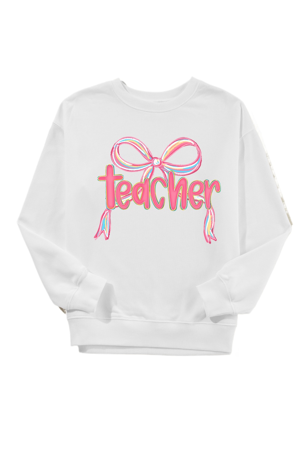 Women's White Teacher Bow Graphic Pullover Sweatshirt for Casual Fall Style - Main View