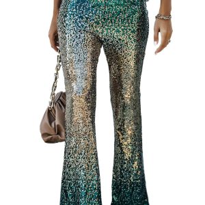 Women's Green Black & Gold Gradient Sequined Flared Pants – Chic Party Style