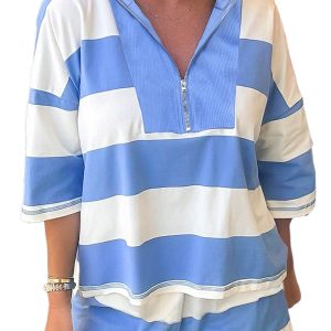 Women's Sky Blue Striped Half Zip Oversize Tee and Shorts Set for Daily Wear