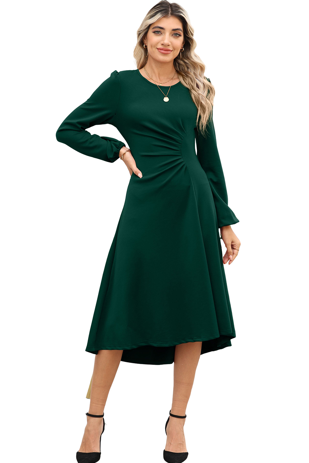 Elegant Blackish Green Solid Color Ruched Detail Long Sleeve Midi Dress - Detail View 13