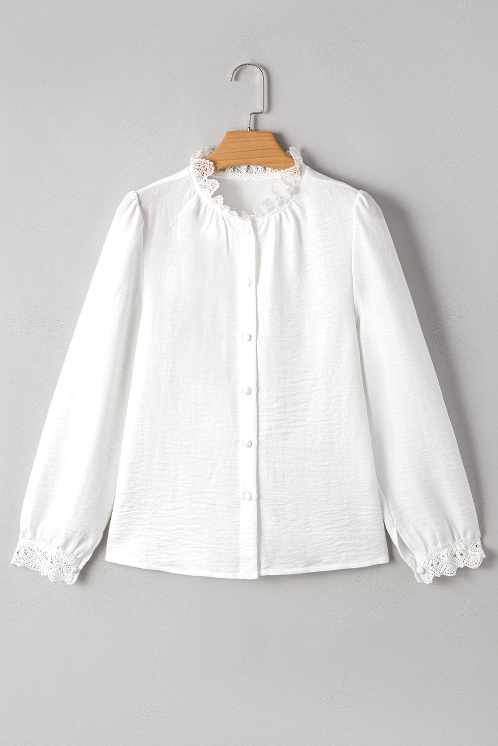 Women's Shirt, White Blouse, Lace Patchwork, Buttoned Front, Stand Neck, Loose Fit, Elegant Style, Long Sleeve, Comfortable Fabric, Casual Top, Daily Wear, Beach Wear, Outdoor Style, Vacation Top, Office Wear - Detail View 8