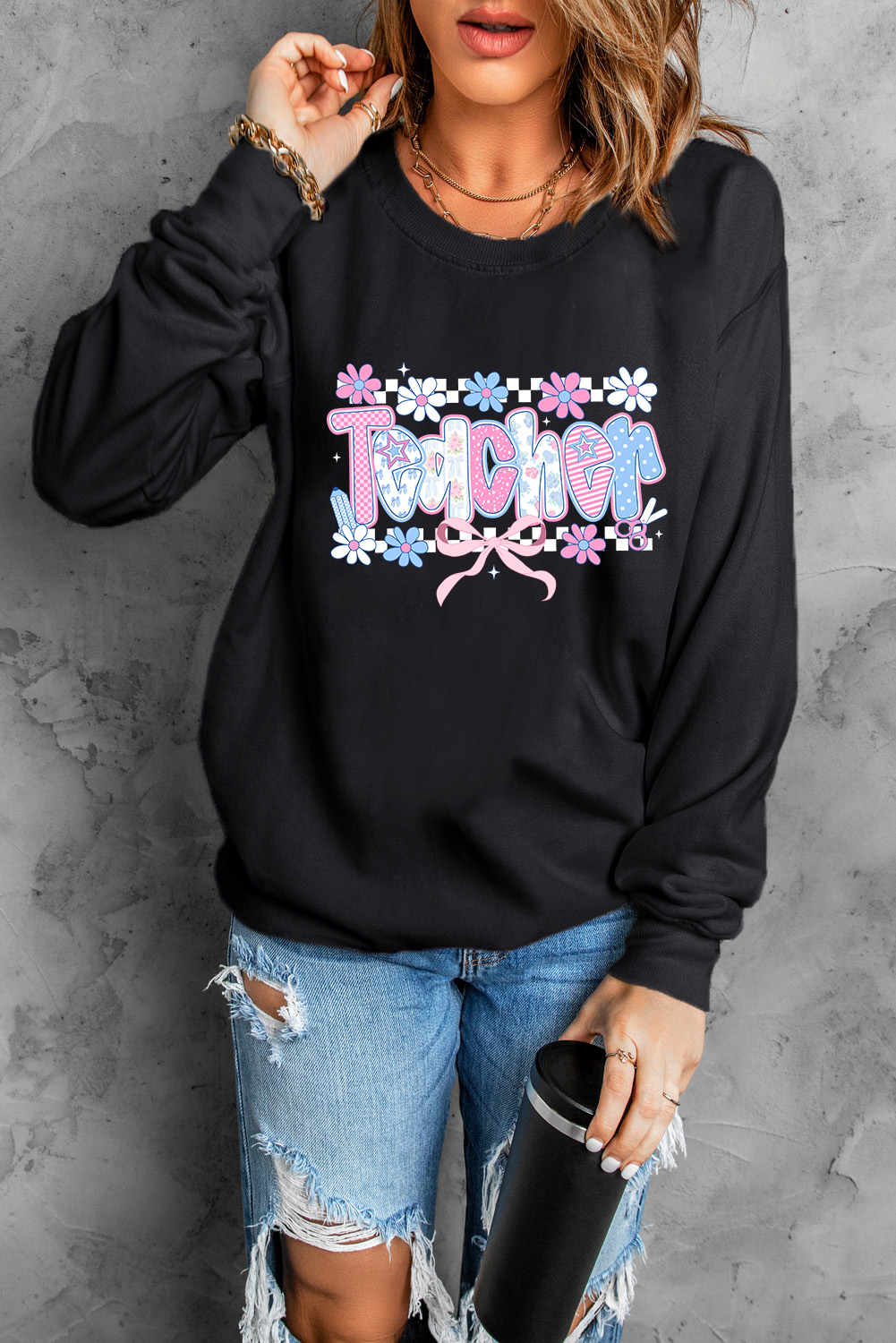Cute and Comfy Black Pullover for Teachers - Vibrant Graphic Design - Detail View 6