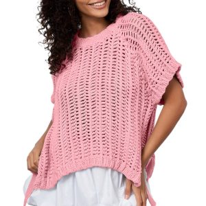 Women's Pink Plus Size Open Knit Bow Tie Short Sleeve Sweater – Casual Summer Style