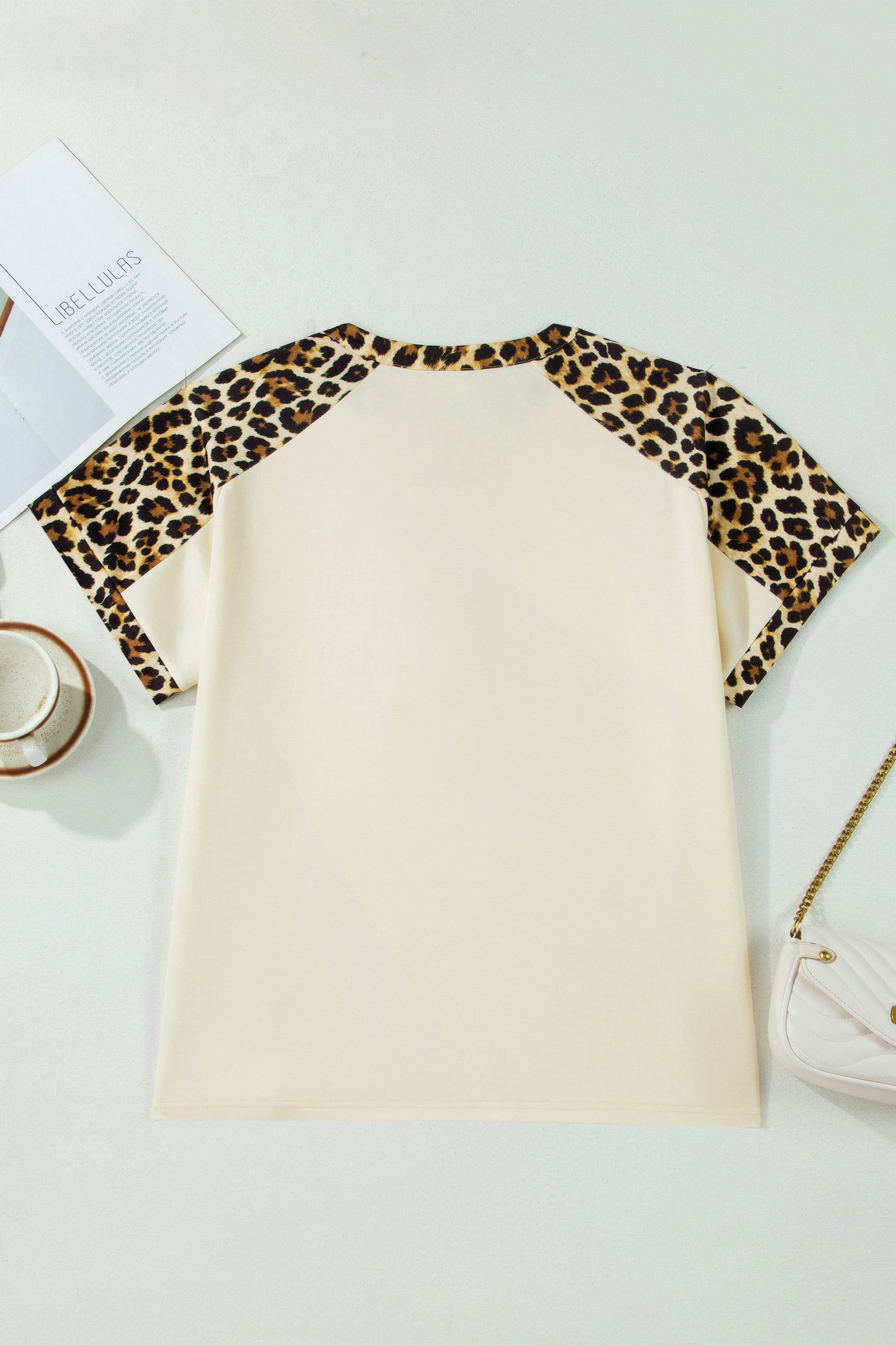 Western Style Women's Leopard Patchwork Tee – Beige Plus Size Short Sleeve Polo Top for Summer and Daily Outings - Detail View 3