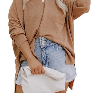 Women's Parchment Plus Size Drop Shoulder Knit Tunic Top – Casual V-Neck Long Sleeve for Daily Wear - Main View