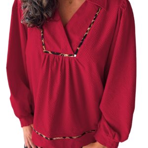 Women's Fiery Red V-Neck Leopard Trim Blouse for Daily Wear