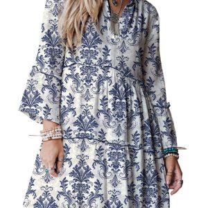 Women's Sky Blue Boho Floral Mini Dress – 3/4 Sleeve with Lettuce Trim for Daily Wear