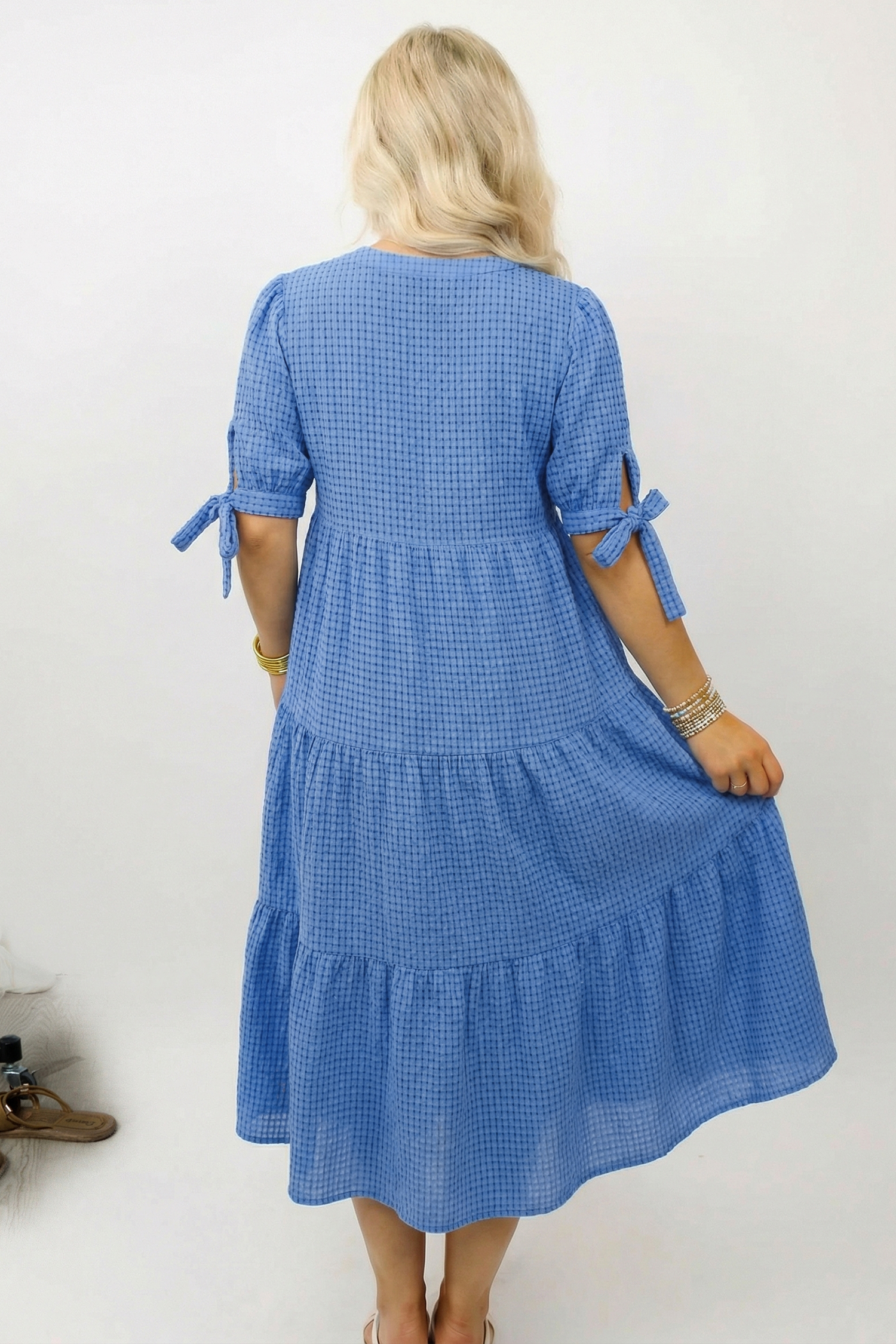 Dusk Blue Gingham Midi Dress for Women – Short Sleeve Tiered Casual Summer Style - Image 2