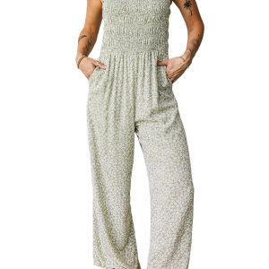 Women's Green Floral Jumpsuit – Sleeveless Smocked Bodice for Casual Summer Days