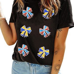 Women's Black Cheerful Sequin Bow Patched Game Day T-Shirt for Casual Wear - Main View