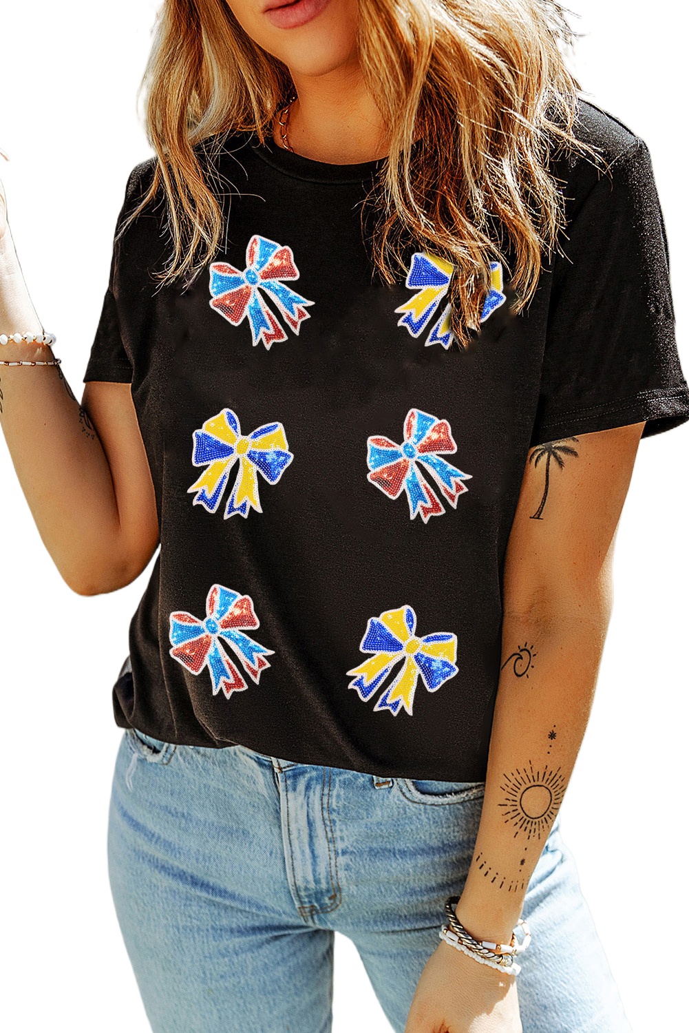 Women's Black Cheerful Sequin Bow Patched Game Day T-Shirt for Casual Wear - Main View