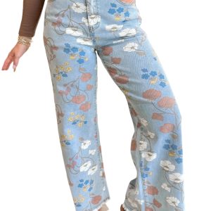 Women's Sky Blue Floral Printed Shift Jeans – Casual High Waist Wide Leg Style for Daily Wear