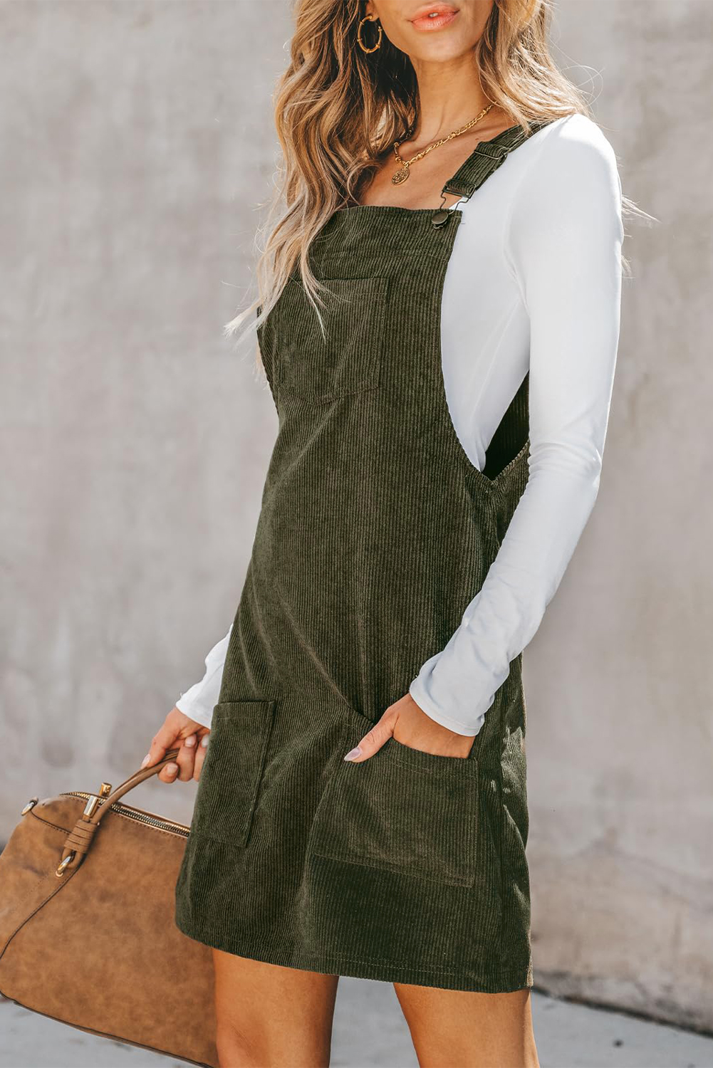 Vineyard Green Sleeveless Corduroy Overall Dress with Front Pockets for Casual Fall Style - Detail View 9