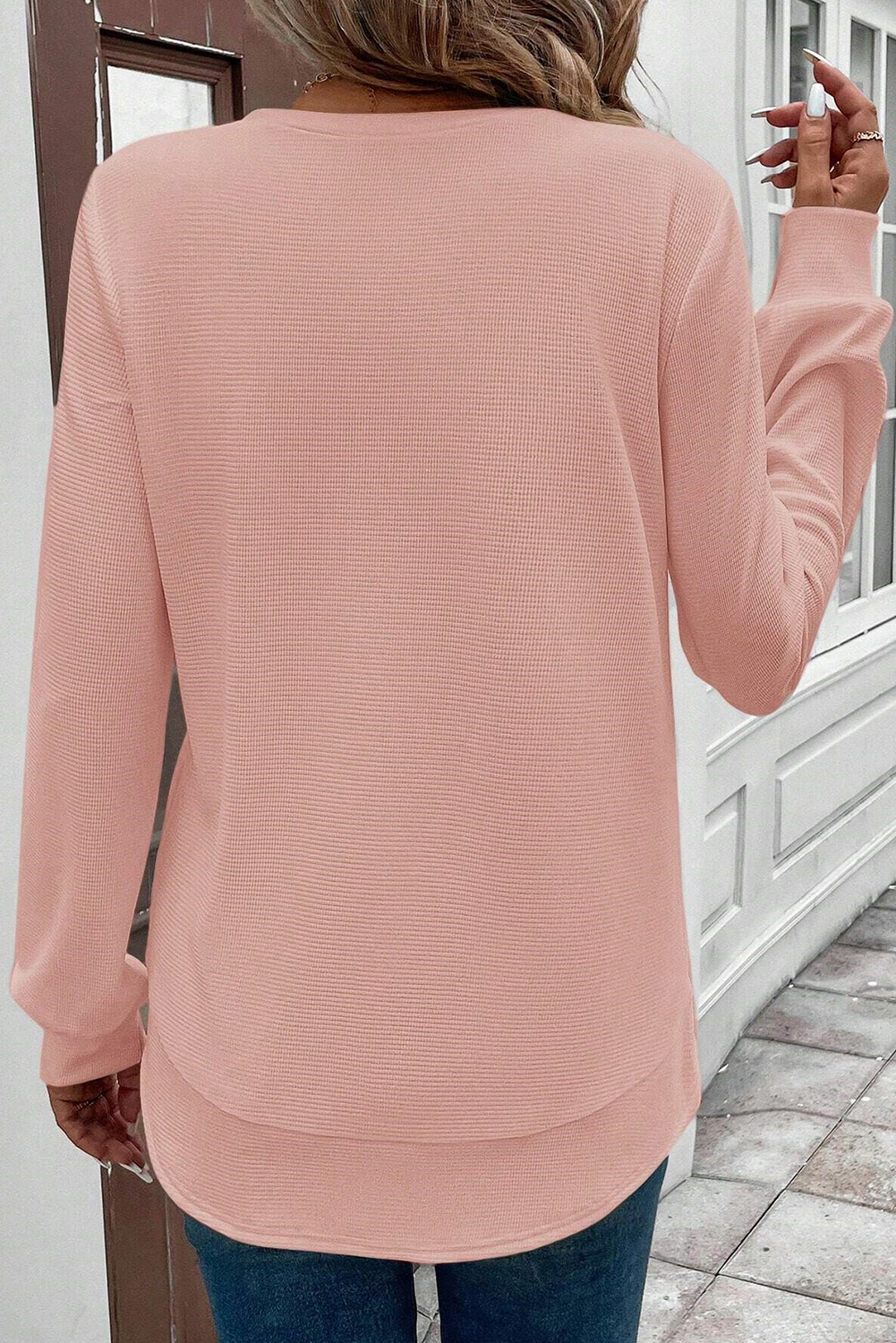 Casual Gossamer Pink Long Sleeve Waffle Knit Top - Perfect for Fall & Autumn - Detail View 2