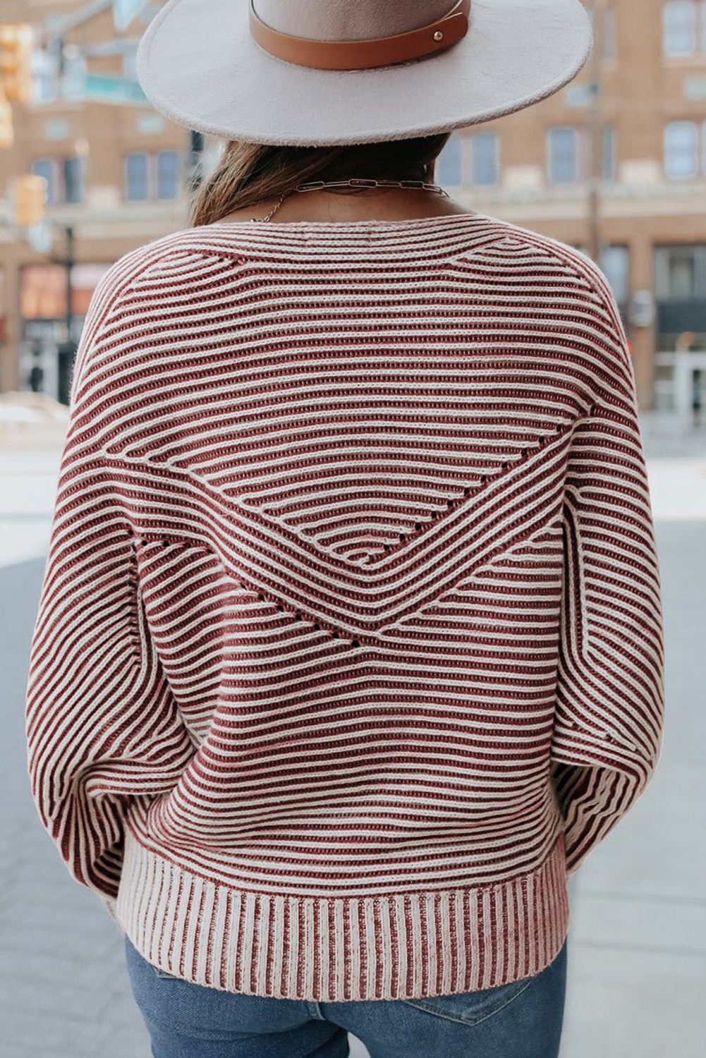 Casual Women's Red Dahlia Striped Print Ribbed Knit Boat Neck Sweater - Detail View 9