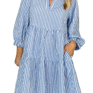 Women's Sky Blue Stripe Bracelet Sleeve Tiered Shift Dress with Pockets - Main View