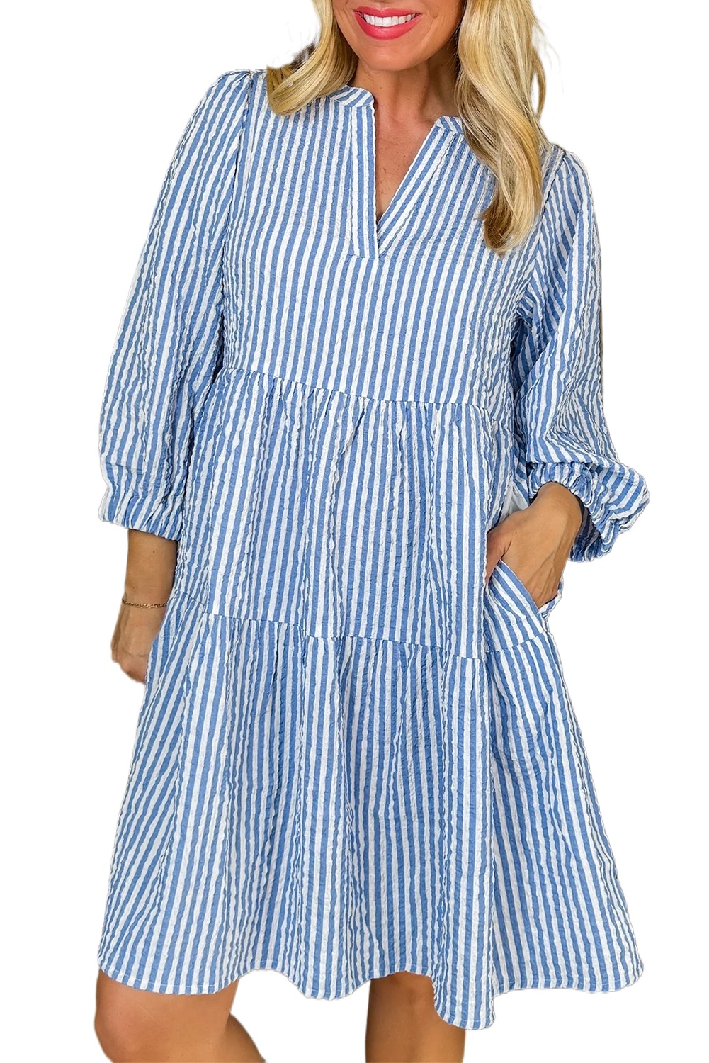 Women's Sky Blue Stripe Bracelet Sleeve Tiered Shift Dress with Pockets - Main View