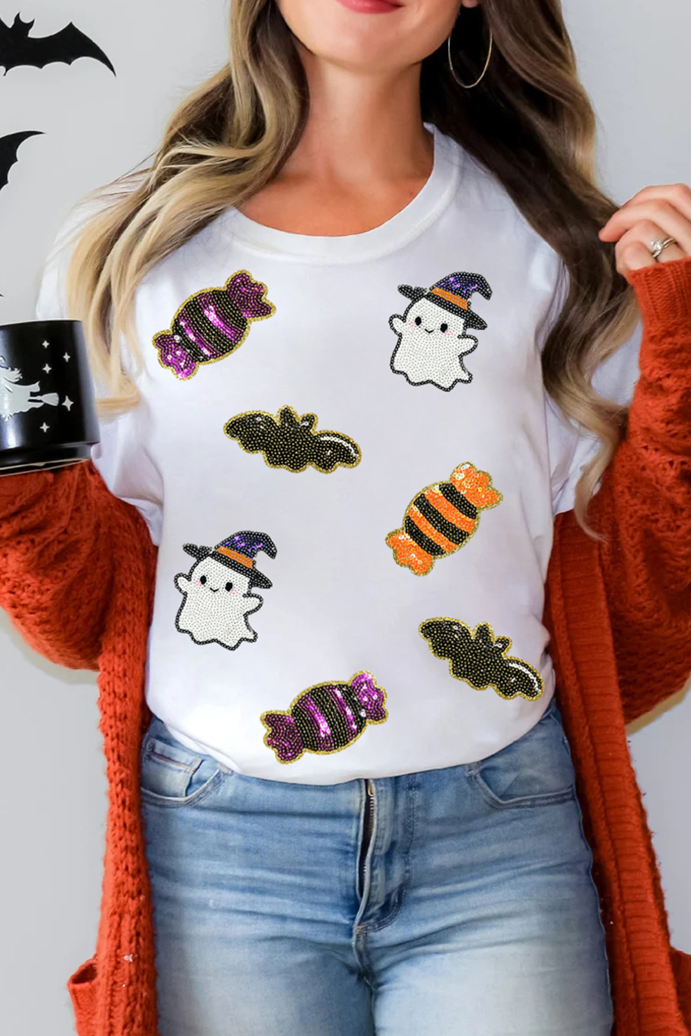 Stylish and Comfortable Round Neck T-Shirt: White Halloween Spirit Pattern for Summer - Detail View 3
