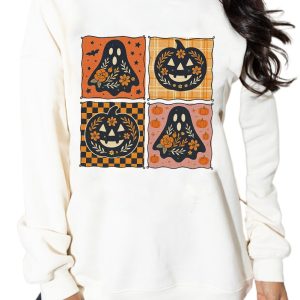 Women's White Halloween Ghost Pumpkin Face Floral Checkered Graphic Sweatshirt - Main View