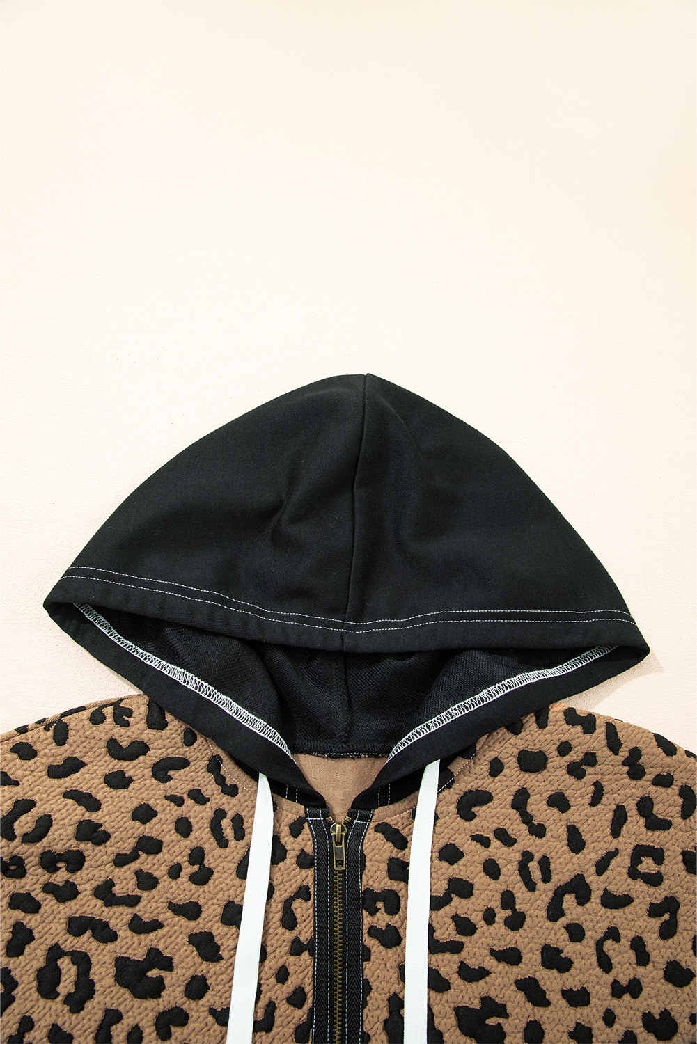 Women's Leopard Patchwork Hoodie – Quarter Zip Sweatshirt with Contrast Stitching - Detail View 7