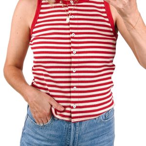 Women's Red Stripe Tank Top – Ribbed Knit Sleeveless Shirt with Button Details, Casual Summer Style - Main View