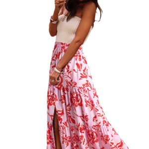Women's Pink Bohemian Floral Print Maxi Skirt – Long Tiered Design with Chic Split