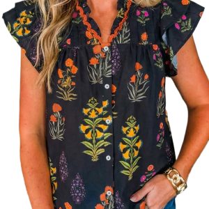 Women's Black Floral Print Lace Trim Frilled V Neck Short Sleeve Shirt for Casual Days