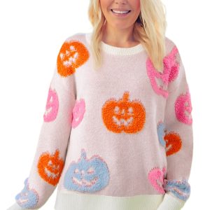 Women's Beige Halloween Pumpkin Pattern Sweater - Cozy Fall Fashion - Main View