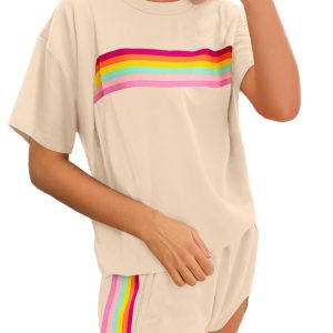 Women's Beige Vibrant Striped Athleisure 2-Piece Short Set for Casual Summer Style