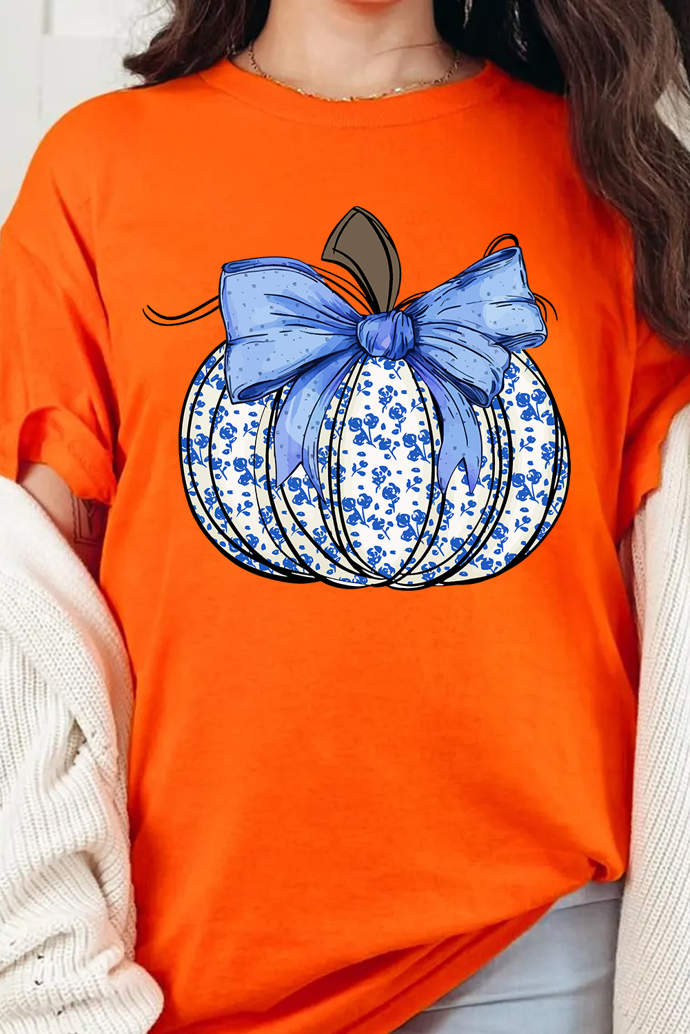 Women's Orange Floral Pumpkin Bow Print Thanksgiving T-Shirt - Detail View 5