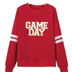 Fiery Red Oversized Varsity Sweatshirt with Glitter Trim and GAME DAY Letter Graphic - Main View