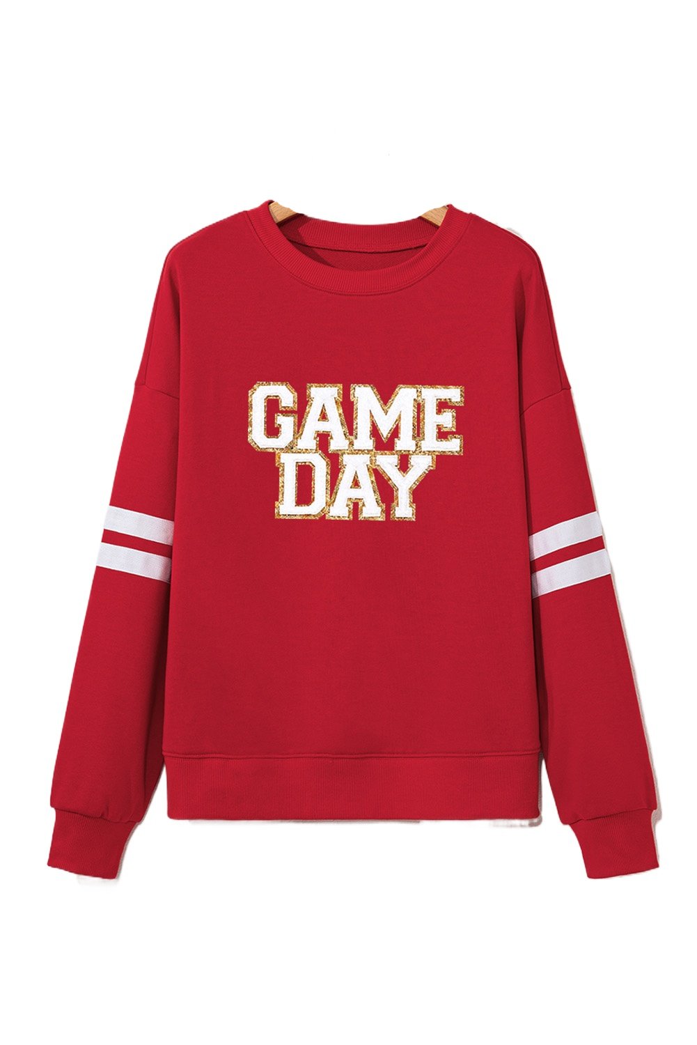 Fiery Red Oversized Varsity Sweatshirt with Glitter Trim and GAME DAY Letter Graphic - Main View