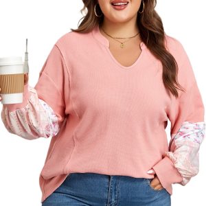 Plus Size Women's Pink Floral Sleeve Patchwork Waffle Knit Top – Casual Daily Wear - Main View