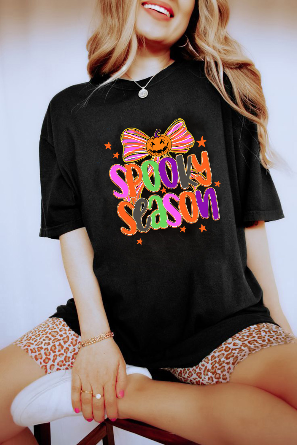 Women's Black SPOOKY SEASON Halloween Pumpkin Bow Print T-Shirt - Detail View 5