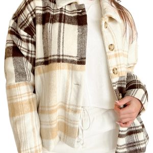 Multicolour Plaid Patchwork Long Sleeve Shacket with Side Pockets - Main View