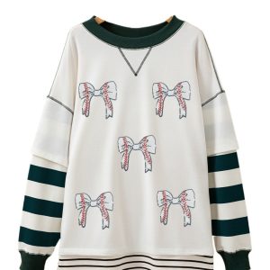 Women's Trendy White Stripe Bowknot Pullover Sweatshirt with Contrast Stitching - Main View