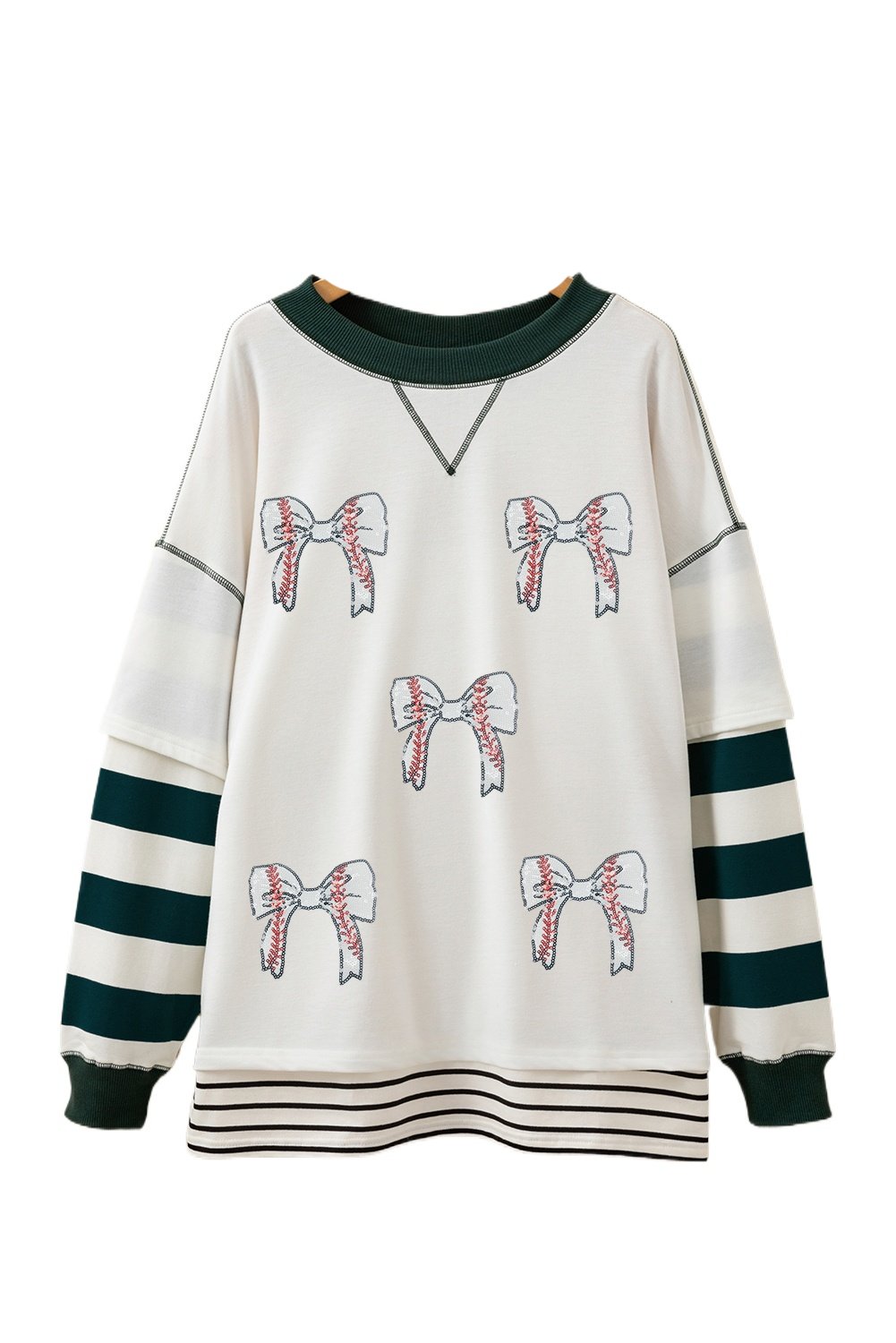 Women's Trendy White Stripe Bowknot Pullover Sweatshirt with Contrast Stitching - Main View
