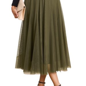 Women's Jungle Green Tulle Midi Skirt – High Waist Flared Mesh Overlay Skirt for Elegant Daily Wear - Main View