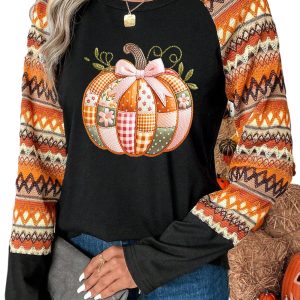 Women's Orange Cute Pumpkin Graphic Geo Print Raglan Long Sleeve Tee - Main View