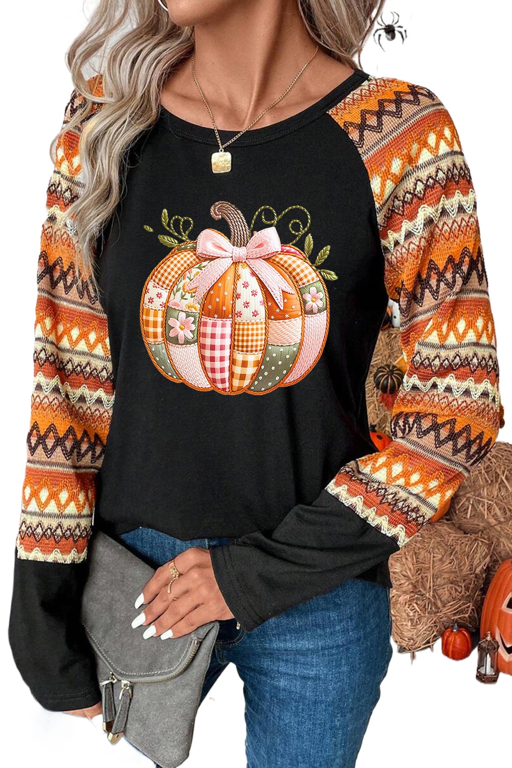 Women's Orange Cute Pumpkin Graphic Geo Print Raglan Long Sleeve Tee - Main View