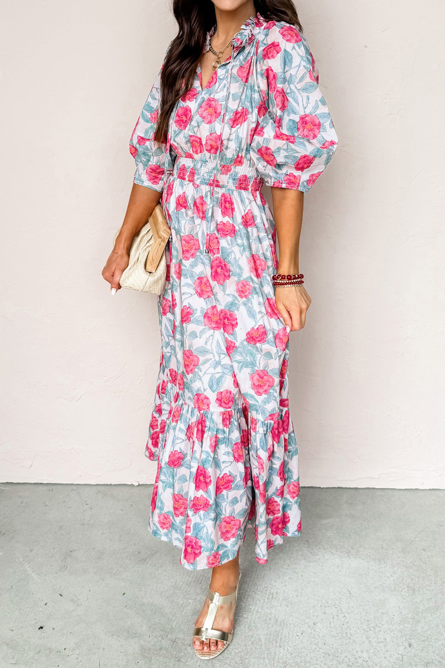 Southern Belle Women's Red Floral Dress – Short Puff Sleeve High Waist A-Line Vacation Midi Dress - Detail View 8