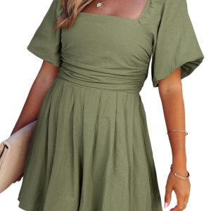 Women's Jungle Green Square Neck Romper – Ruched Puff Sleeves, 100% Cotton for Casual Summer - Main View