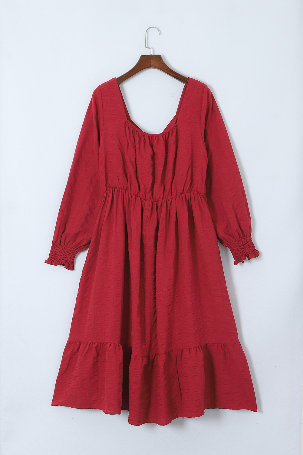 Plus Size Dress, Fiery Red, Midi Dress, Long Sleeve, Ruffle Hem, Lace-up, Ruched Front, Elegant Style, Daily Wear, High Waist, Comfortable Fit, Solid Pattern - Detail View 12