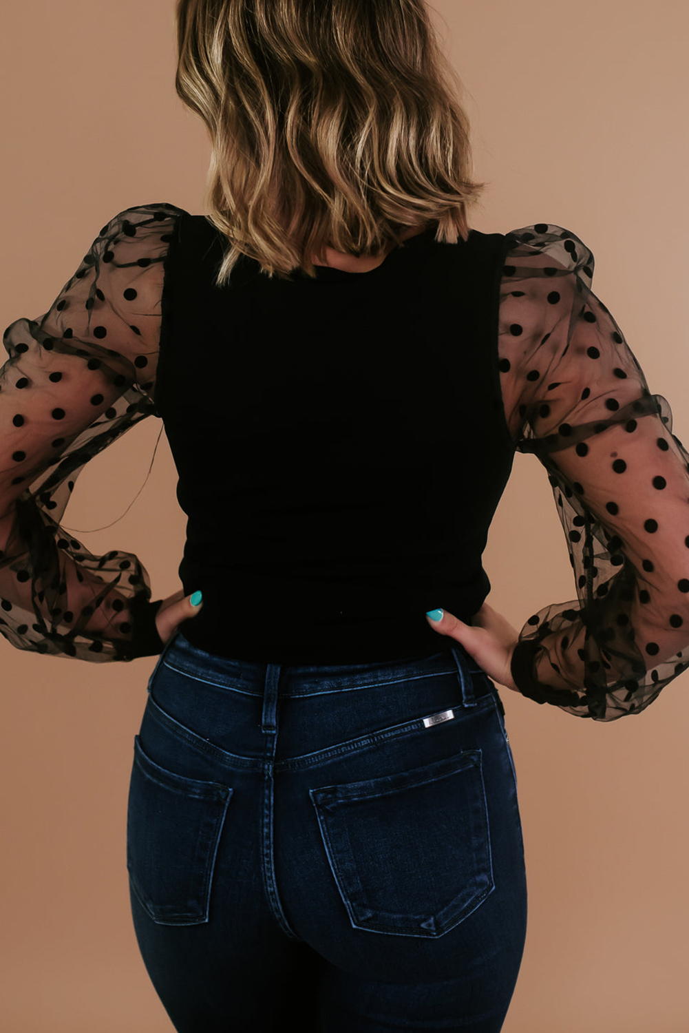 Chic Black Puff Sleeve Square Neck Top - Sheer Mesh and Ribbed Design - Detail View 2