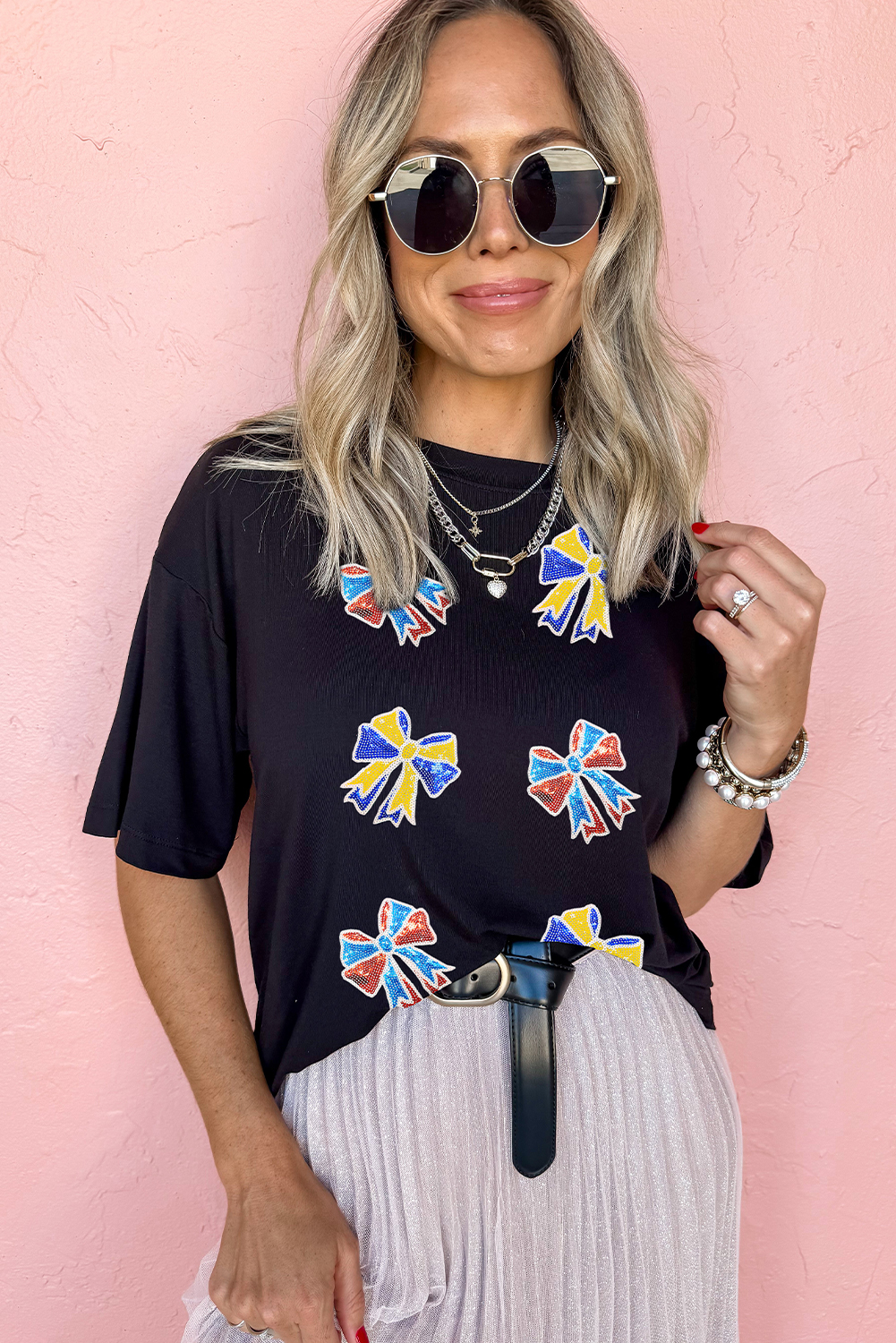 Women's Black Cheerful Sequin Bow Patched Game Day T-Shirt for Casual Wear - Detail View 5