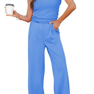 Women's Sky Blue Slim Ribbed Tank Top and Sweatpants Set – Casual Summer Outfit for Daily Wear